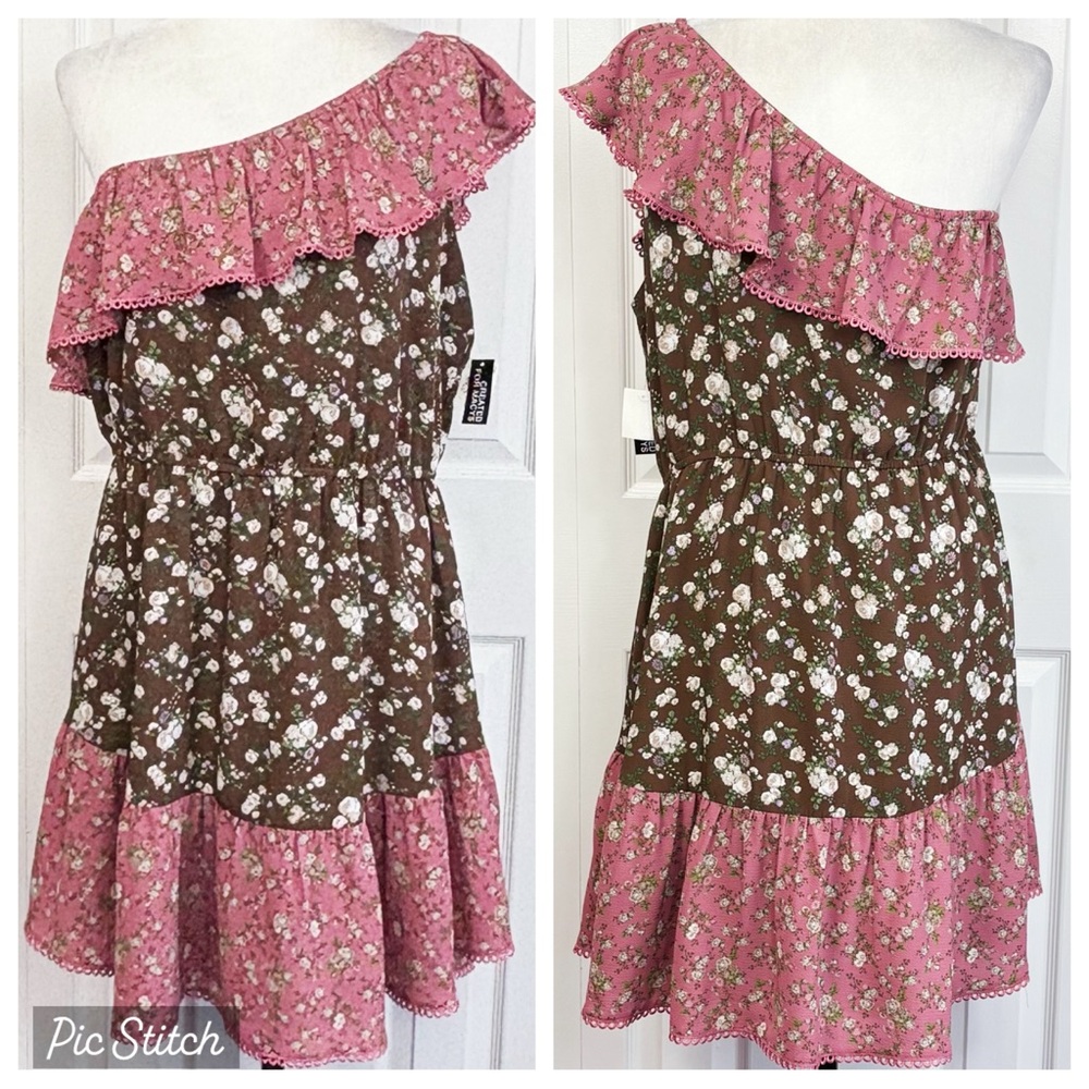 NWT Bar III Brown & Pink Floral Boho Ruffle One Shoulder Tiered Dress XL